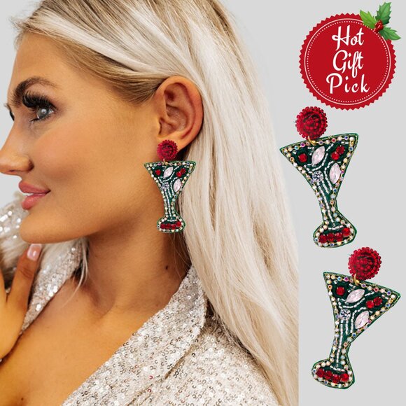 Austrian Crystal Rhinestone Beaded Martini Cocktail Glass Christmas Earrings - Picture 1 of 6